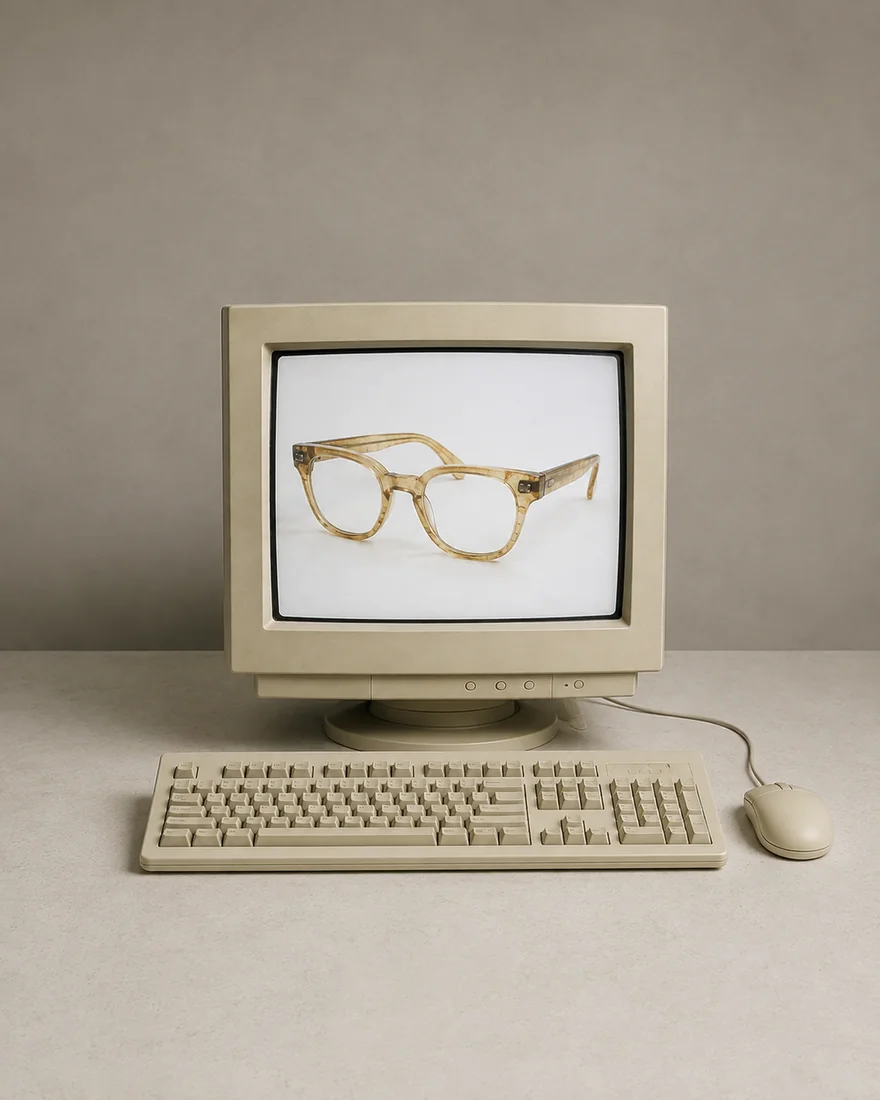 A pair of glasses displayed on an old CRT computer monitor, illustrating the gap between ordering eyewear online and an in-person fitting