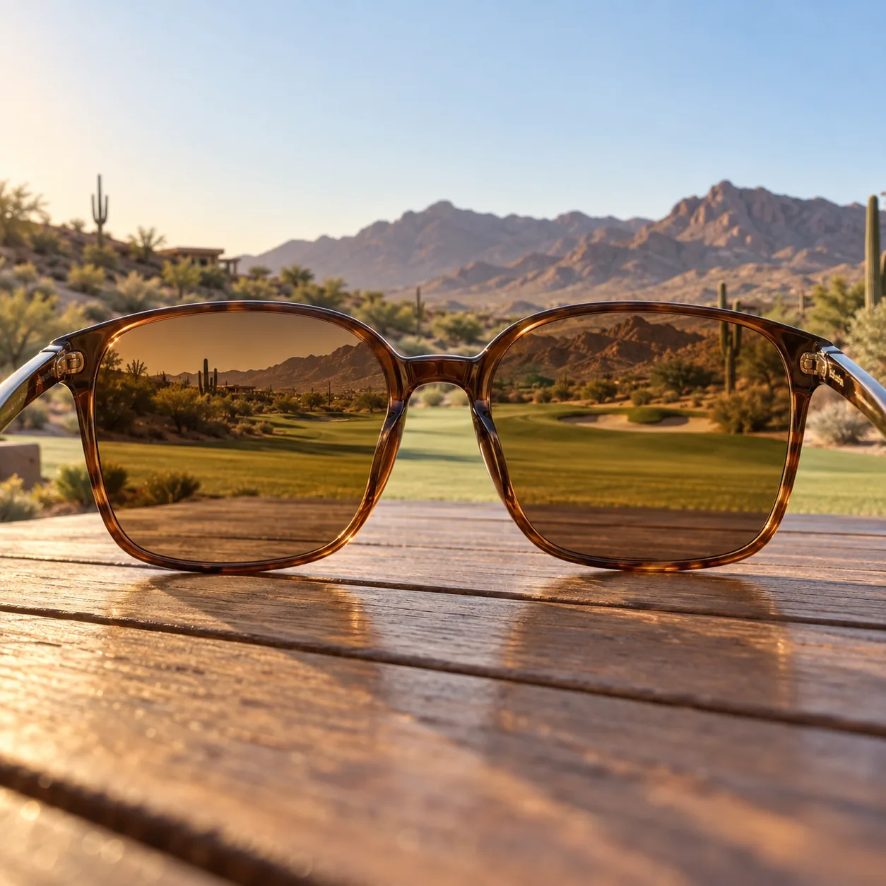 View through amber-tinted golf sunglasses looking out over a golf course fairway and desert mountains in North Scottsdale, illustrating how a warm lens tint affects color and contrast
