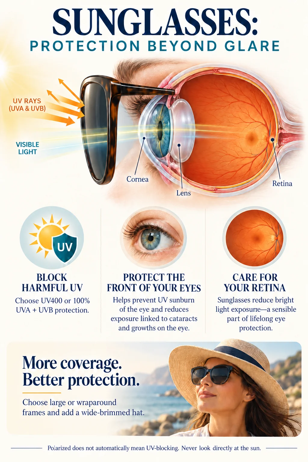 Infographic: sunglasses blocking UVA and UVB rays before they reach the cornea, lens, and retina. Tips: choose UV400 or 100% UVA and UVB protection, protect the front of your eyes, care for your retina, choose large or wraparound frames with a wide-brimmed hat, polarized does not automatically mean UV-blocking, and never look directly at the sun.