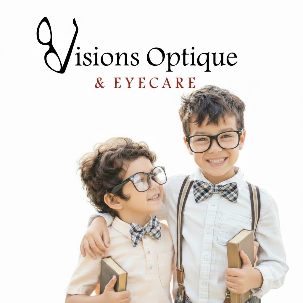 Two children smiling in eyeglasses, holding books — pediatric eye care and myopia management at Visions Optique & Eyecare, North Scottsdale